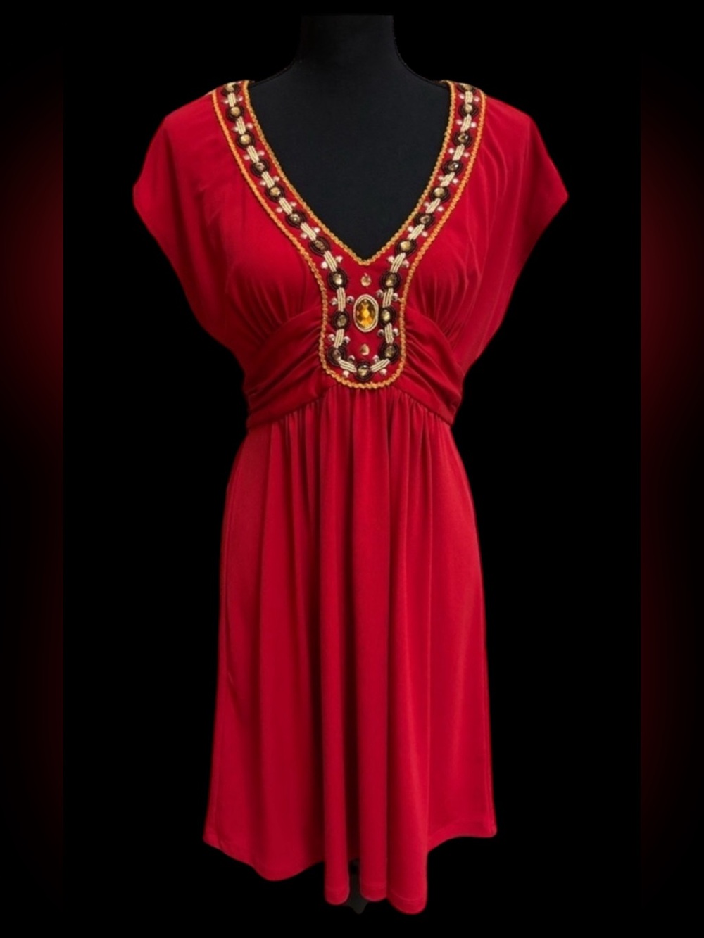 ECI RED EMPIRE WAIST BEADED JEWELED DRESS SIZE 8 VINTAGE Y2K BOHO AZTEC TIE BACK